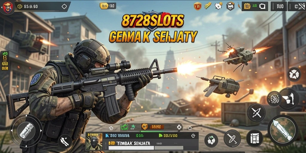 Antarmuka permainan 8728SLOTS yang menarik dan penuh aksi tembak menembak.