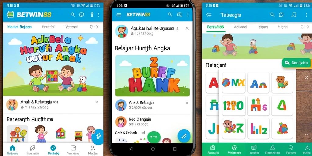 Antarmuka interaktif aplikasi BETWIN88 untuk belajar huruf dan angka.