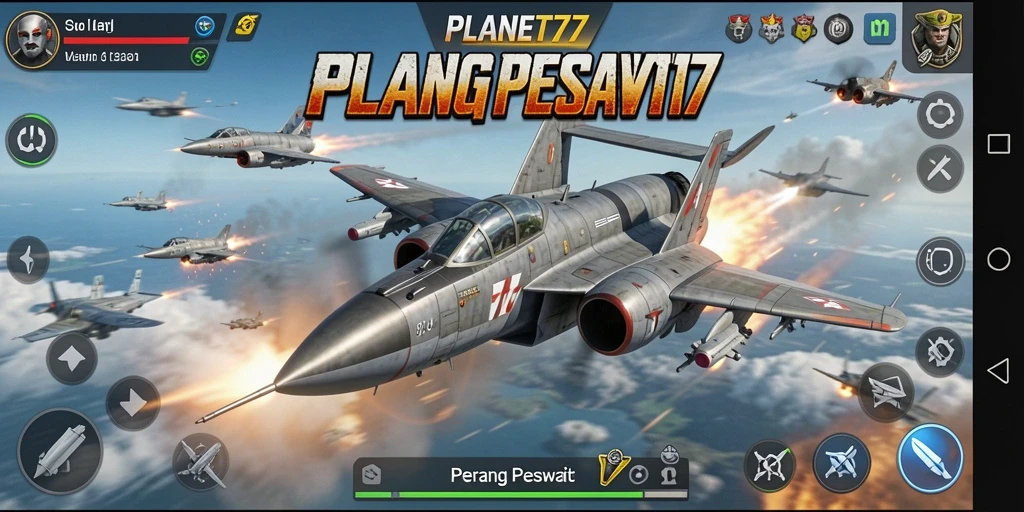Tampilan antarmuka pengguna PLANET77 menampilkan pesawat dan langit yang dramatis.